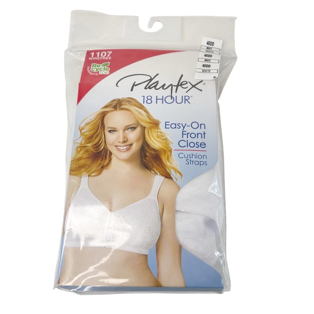 Playtex 18 Hour 1107 Wireless Front Close Bra White Cushion Straps Size 48DD